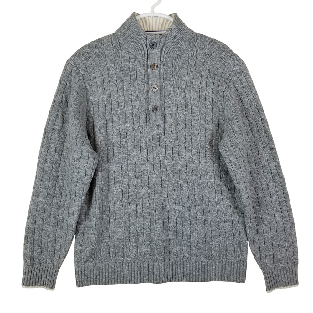 Daniel Cremieux Sweater Mens Sz M Grey 100% Cashmere Cable Knit Mock Neck Button